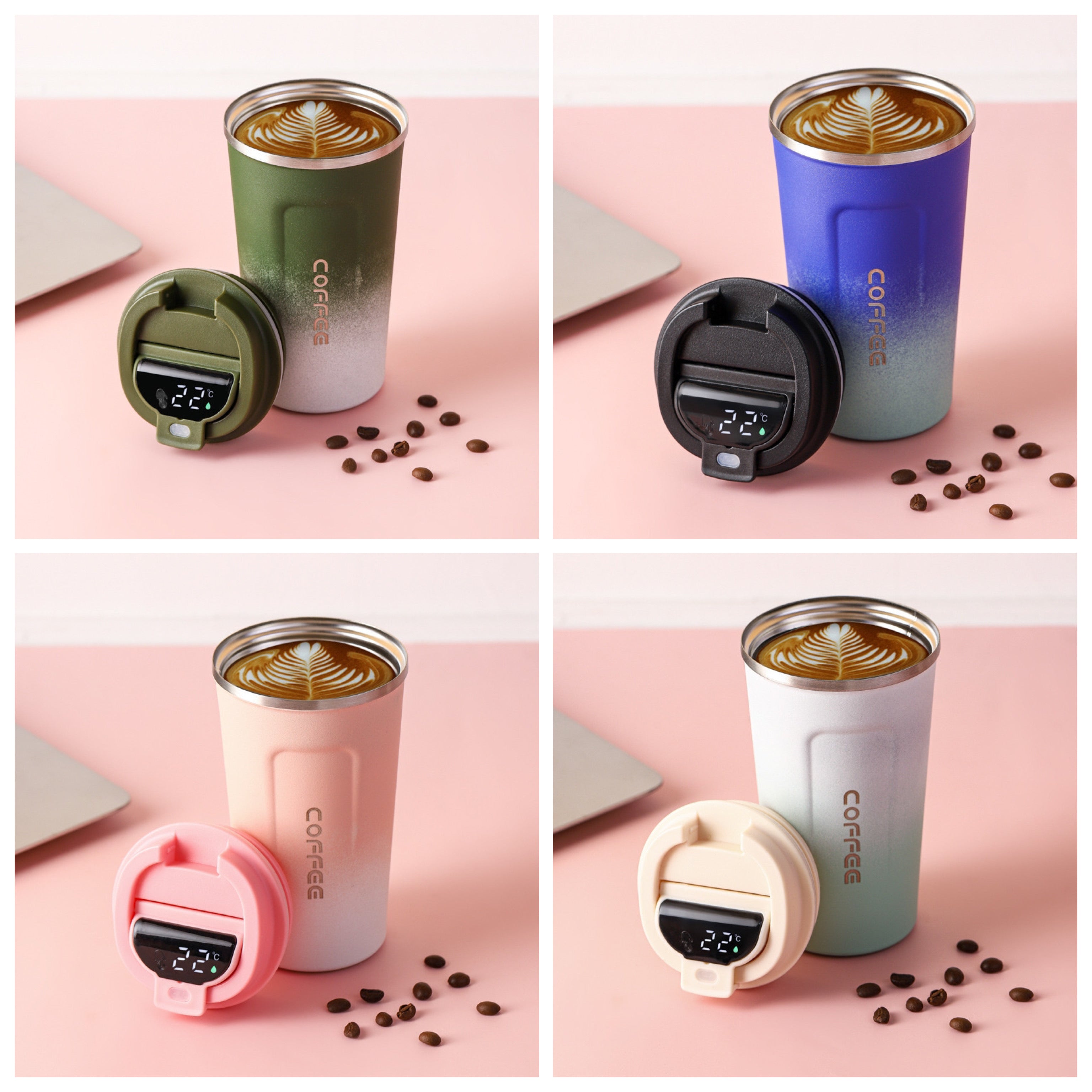 Četiri izolirane šalice za kafu s poklopcem s prikazom temperature