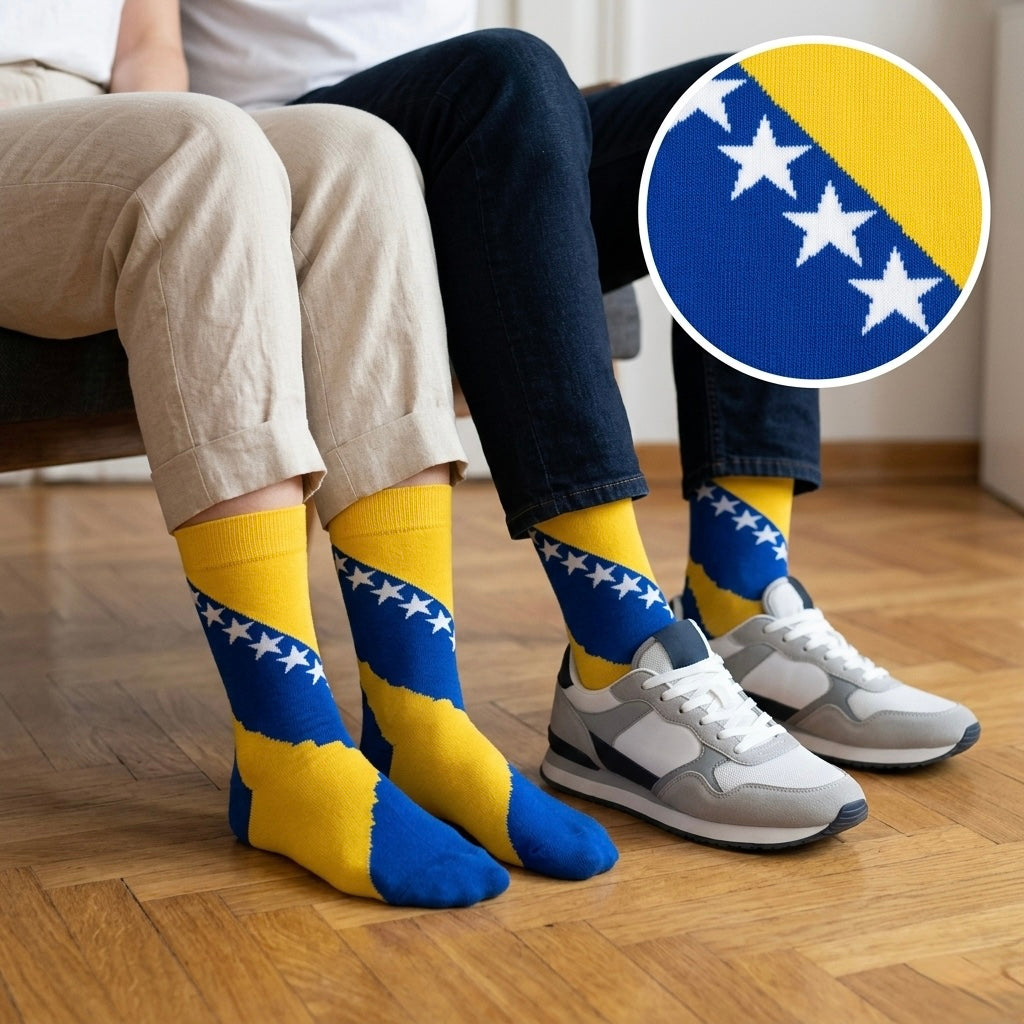 Vibrantne žuto plave čarape bosna i hercegovina zastava s bijelim zvjezdicama u smjelom prugastom uzorku