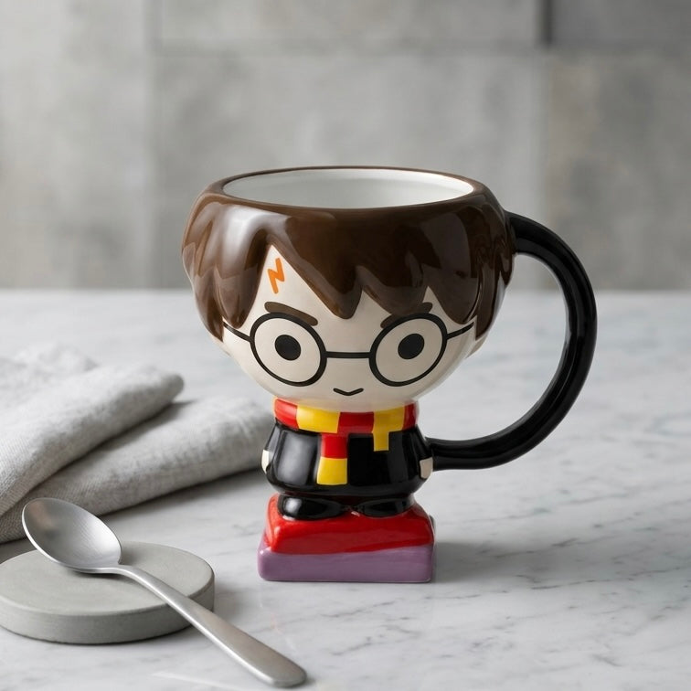 Keramička harry potter šolja u obliku chibi lika s smeđom kosom, okruglim naočalama i crveno-žutom kapom