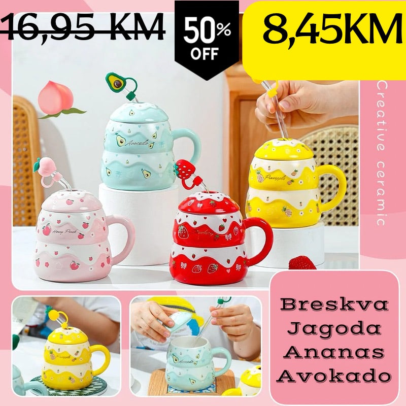 Keramičke šolje s voćnim dizajnima, poklopcima i žlicama