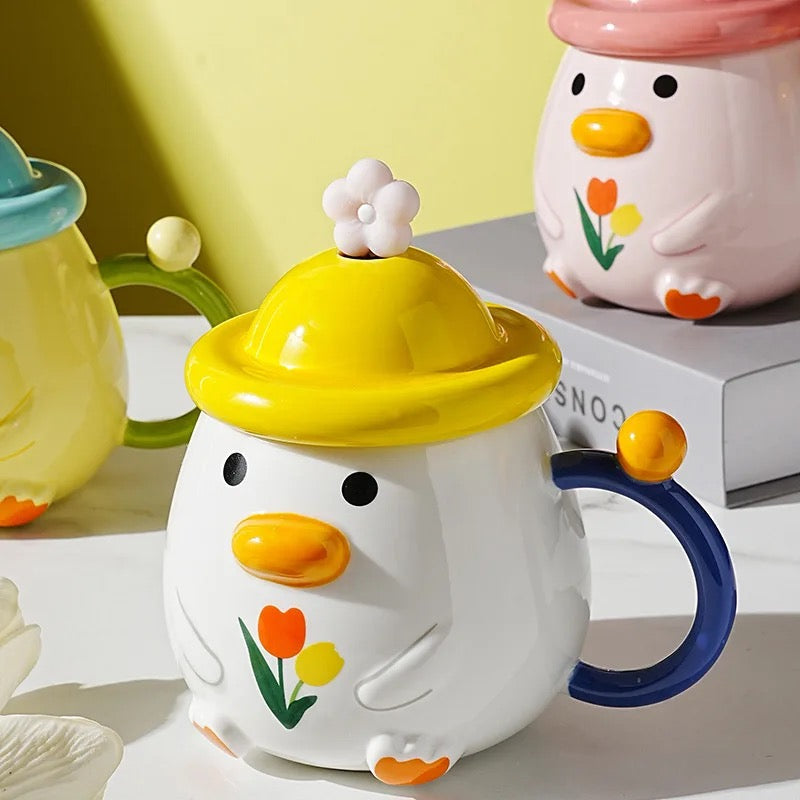 Keramička šolja set s poklopcem u obliku patke i kašikom za čajnik