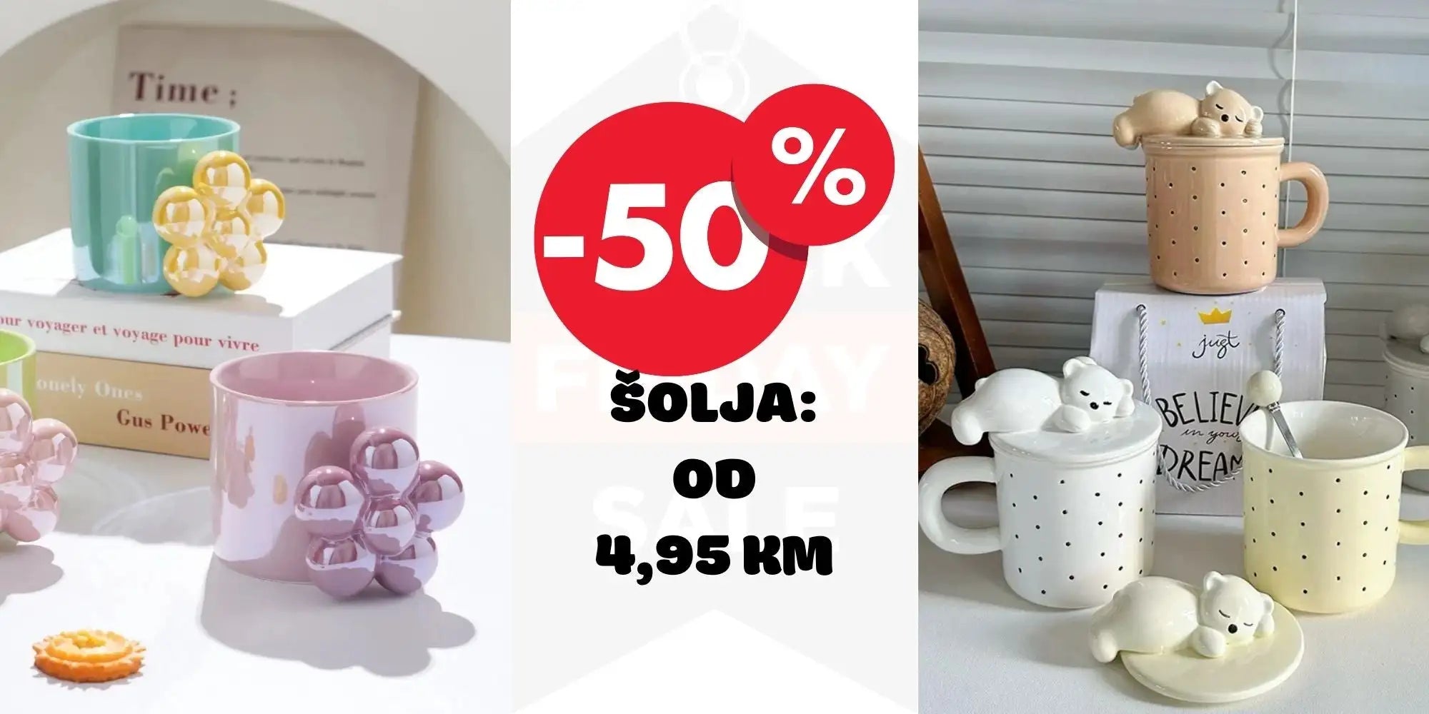 Keramična šalica s razigranom medvjediću dizajnom, pastelne boje i točkice.