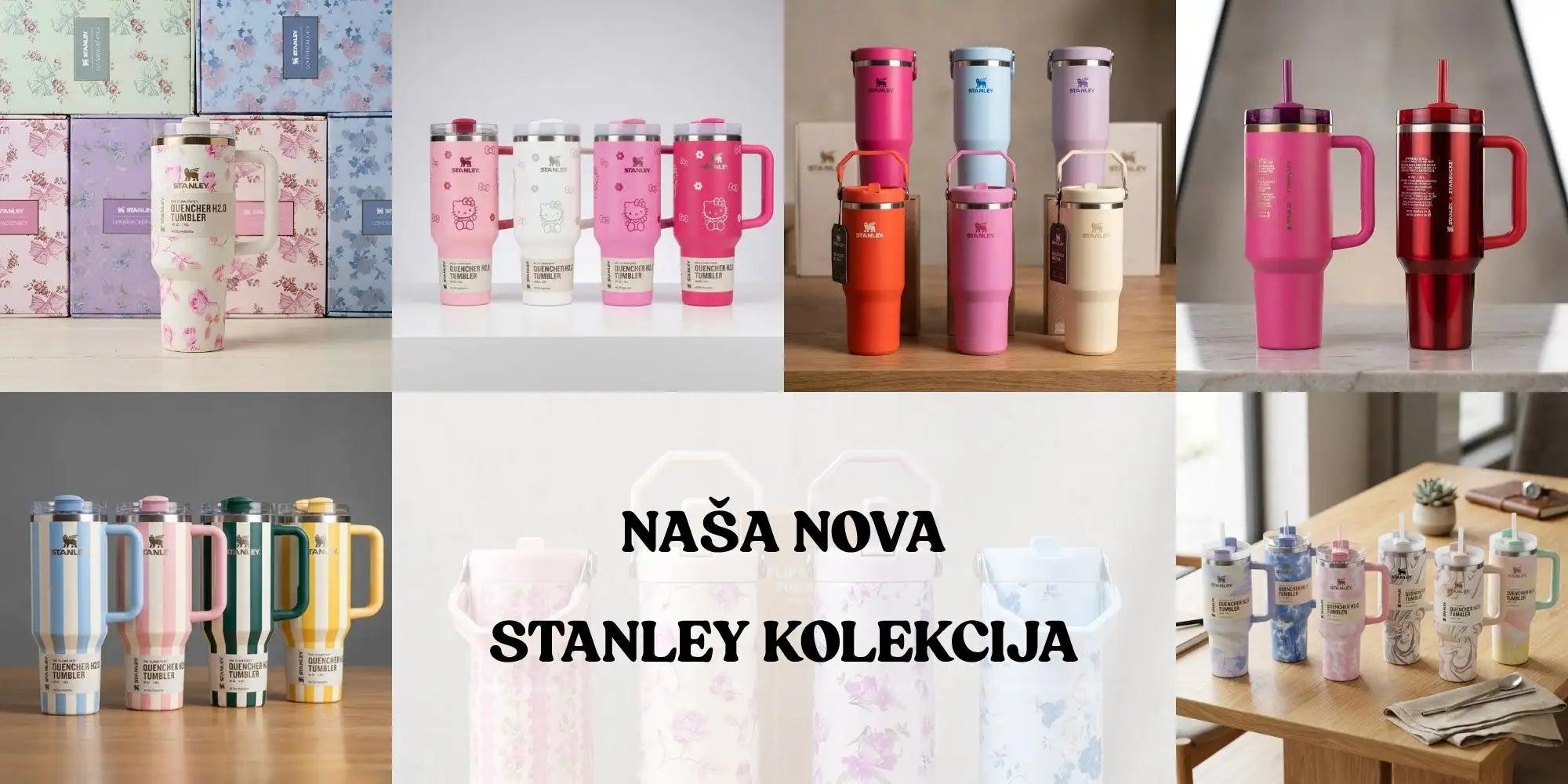 Kolekcija šarenih, izoliranih stanley čaša različitih pastelnih i živih nijansi s različitim dizajnima, uključujući cvjetne motive i grafike likova.