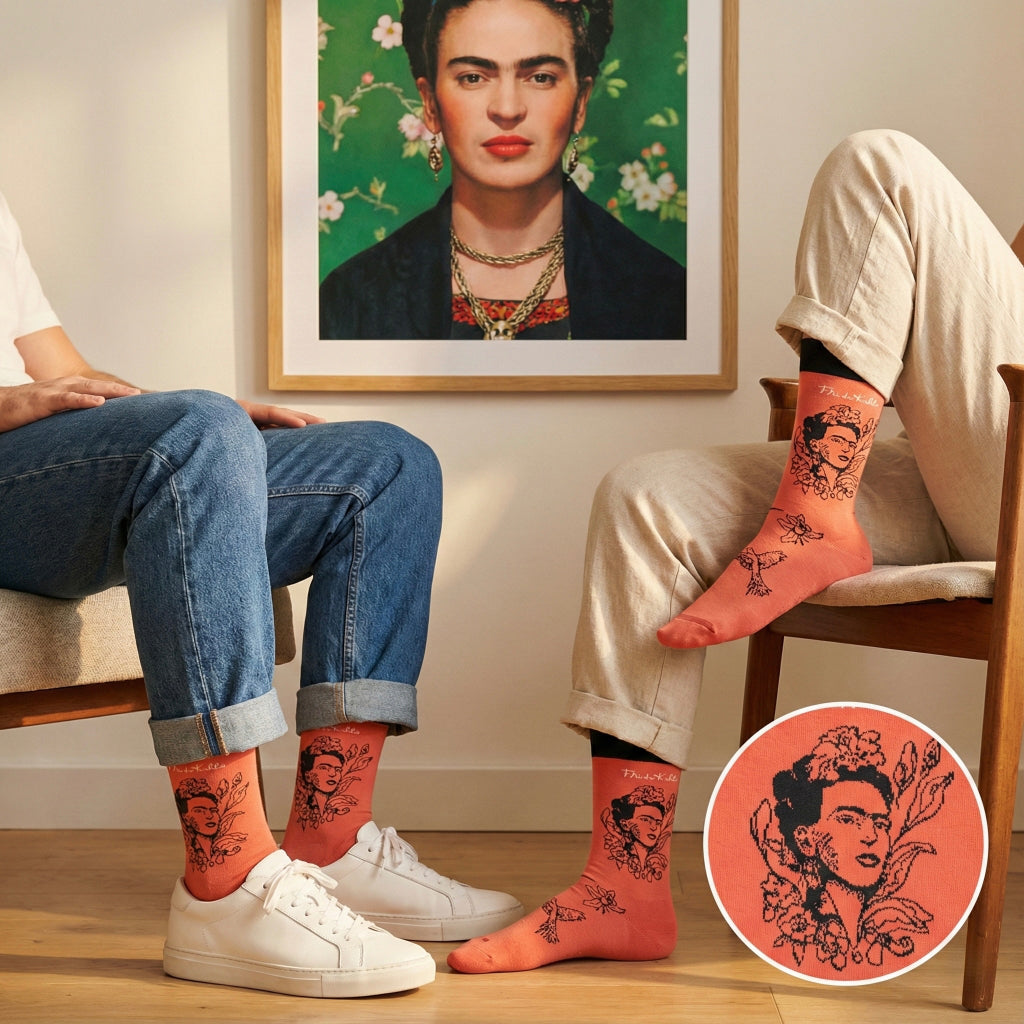 Koralne čarape s crnim linijskim portretom Fride Kahlo i cvjetnim motivima