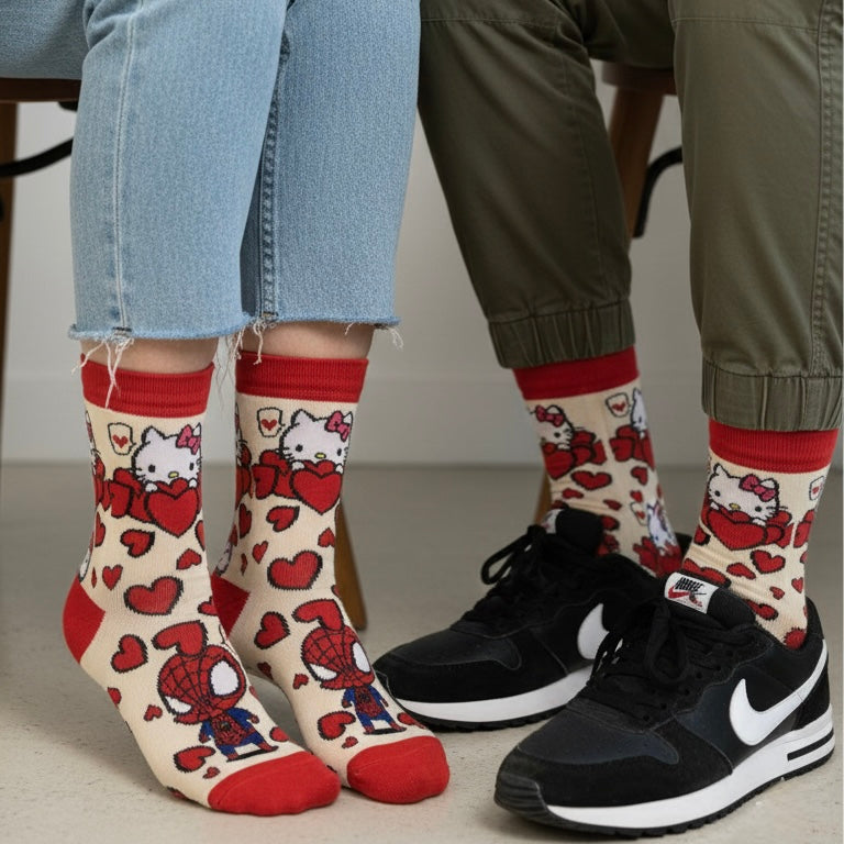 Krem čarape Hello Kitty i Spider-Man s crvenim detaljima, rebricom i prstom