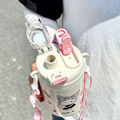 Cream-colored 600 ml stainless steel insulated bottle my melody kuromi with pink white clip lid and strap
