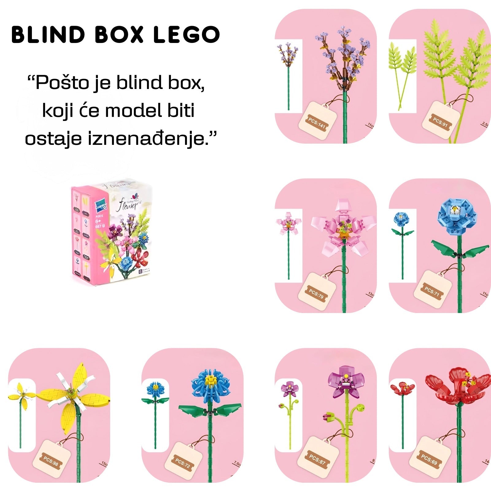 Roza lego botanicko cvijece blind box kutija s raznobojnim plastičnim cvjetnim modelima