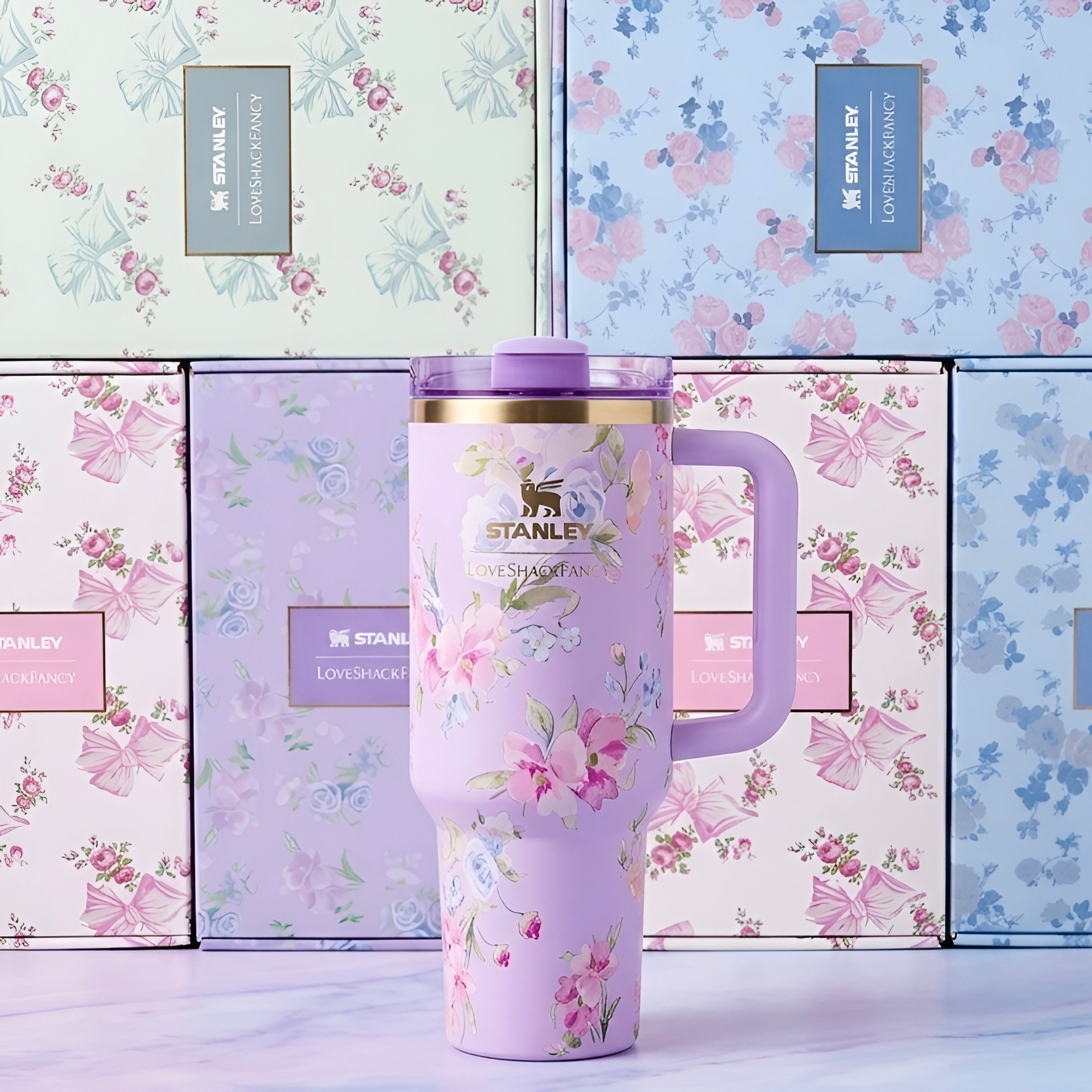 Lavender floral patterned stanley boca x loveshackfancy 40 oz 1200 ml tumbler s poklopcem i ručkom