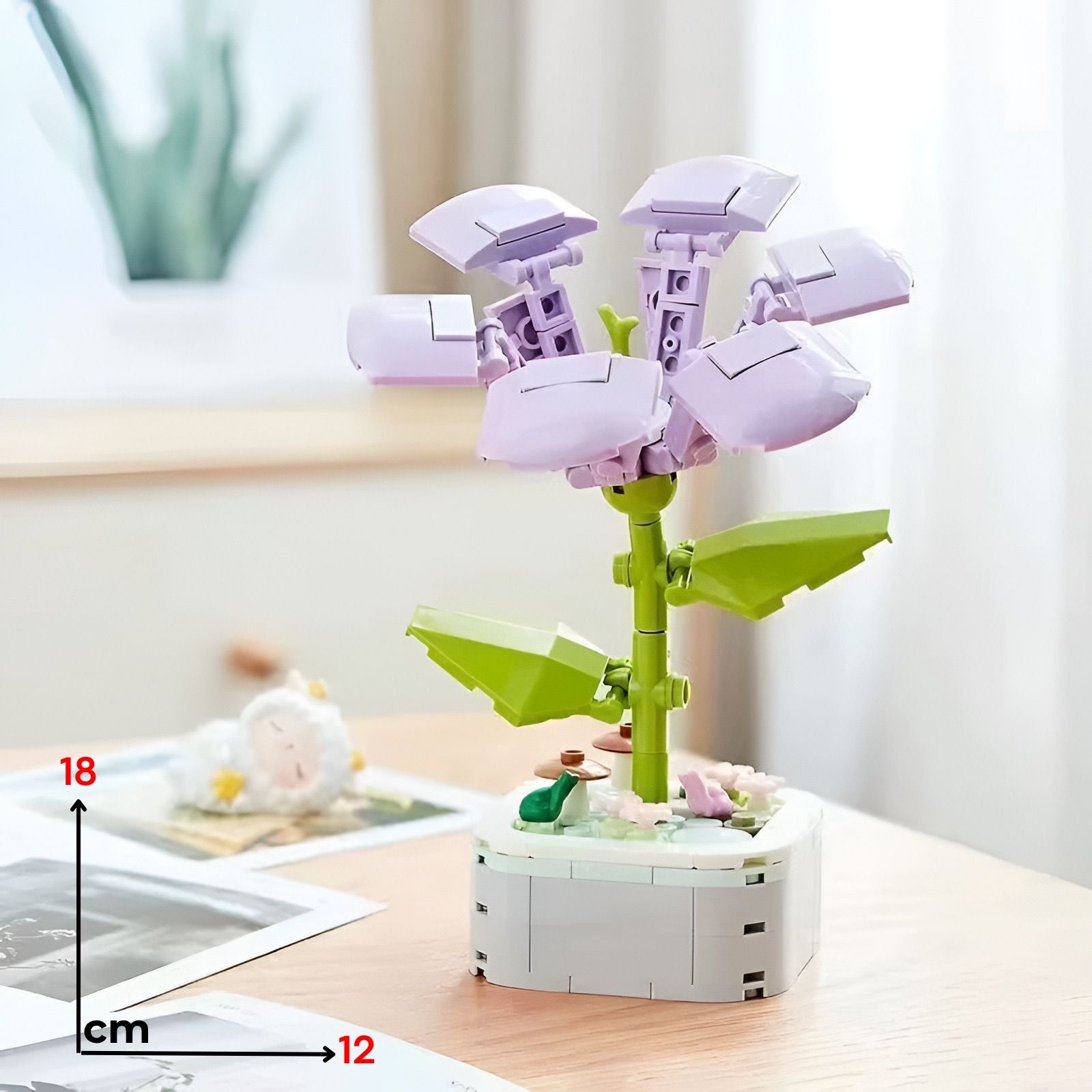 Lavender slaK lego flower with articulated petals green leaves and white base made of lego bricks