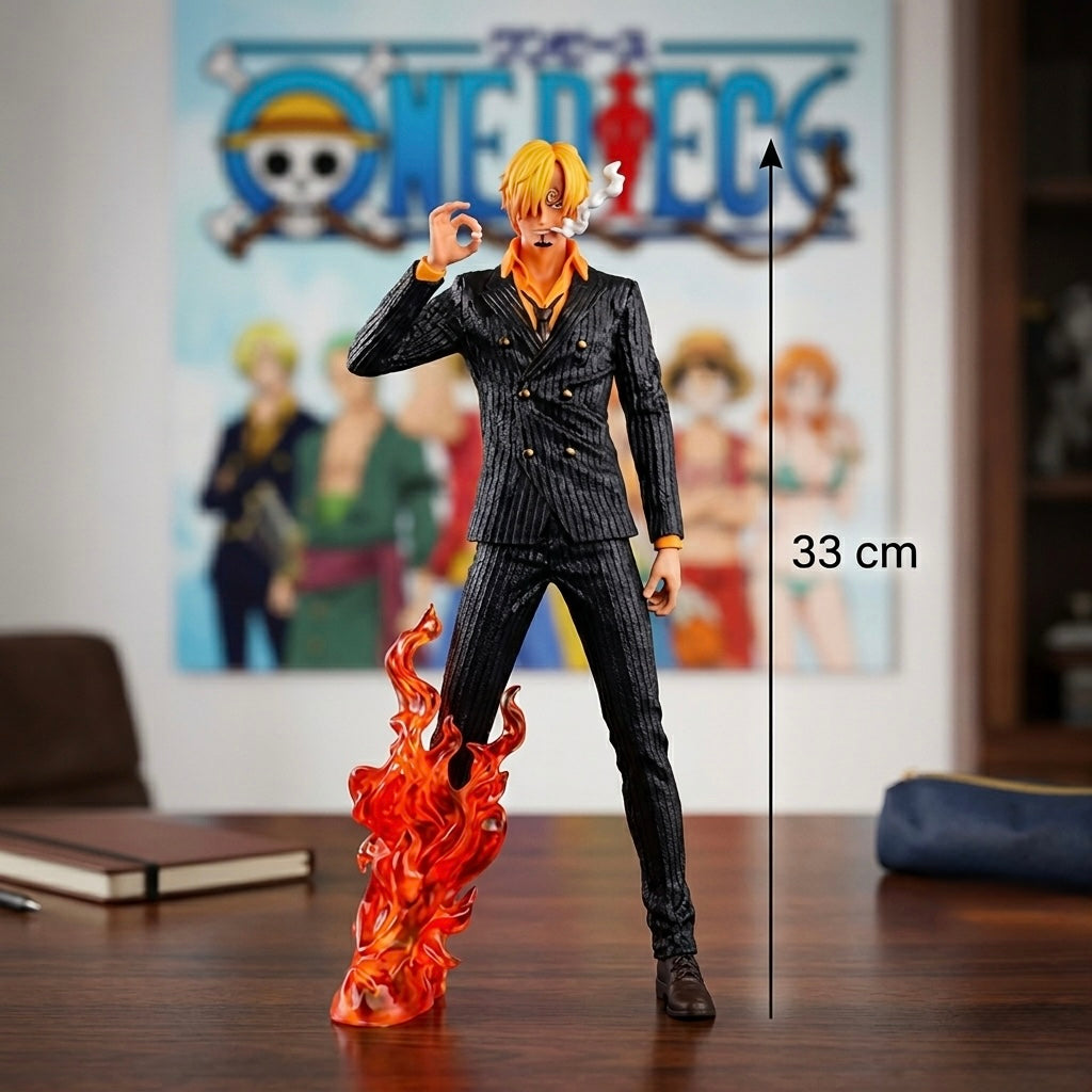 One piece sanji figura visoka 33 cm s crnim pinstripe odijelom narančastom kosom i plamenom bazom