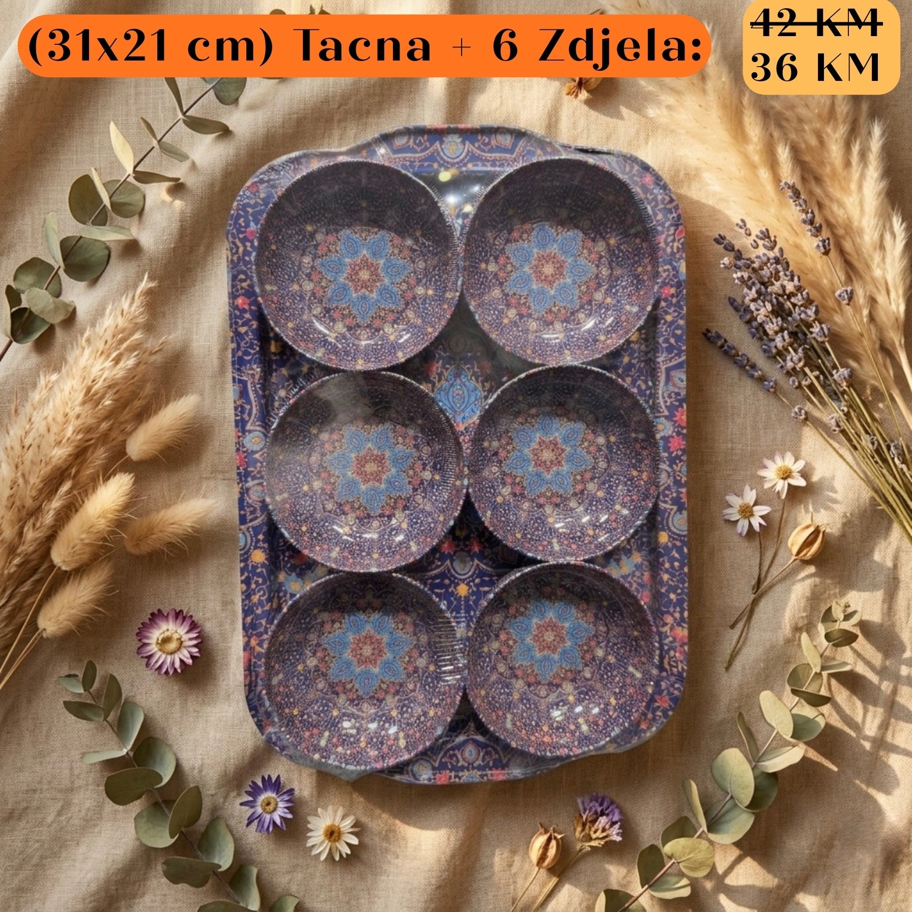 POKLON SET Tacna + 6 zdjela: ljubički keramički pladanj s 6 zdjela mandala uzorak