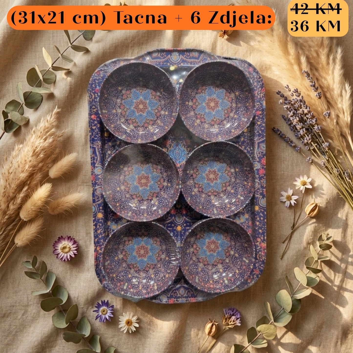 POKLON SET Tacna + 6 zdjela: ljubički keramički pladanj s 6 zdjela mandala uzorak