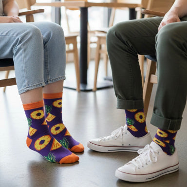 Ljubičaste čarape ANANAS SLICE s žutim suncokretima i narančastim vrhovima