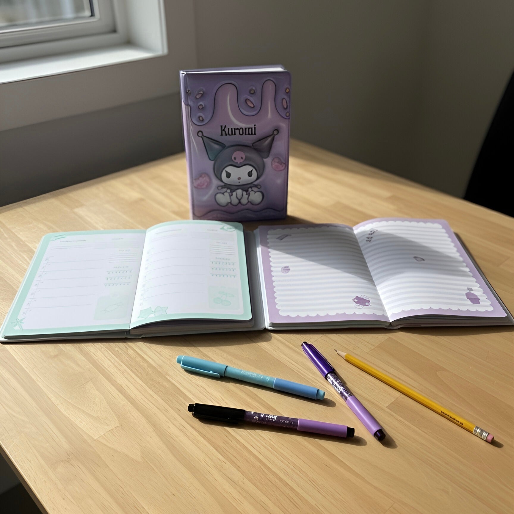 Ljubičasti i bijeli planer KUROMI ROKOVNIK A5 s mačjim dizajnom i pretincima