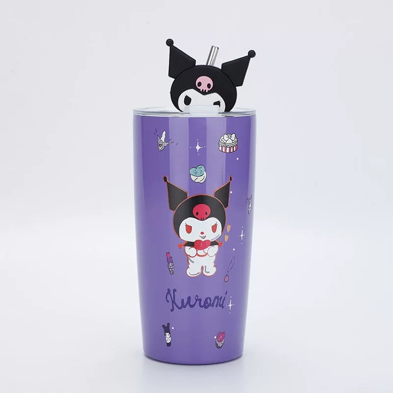 Ljubičasti kawaii tumbler od nehrđajućeg čelika s crnim slavinama i slamom