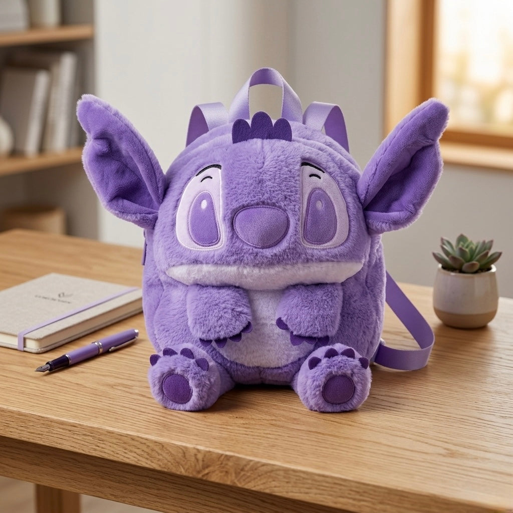 Ljubičasta plišana torbica i ruksak stitch s ugodnim materijalom i izvezenim detaljima lica