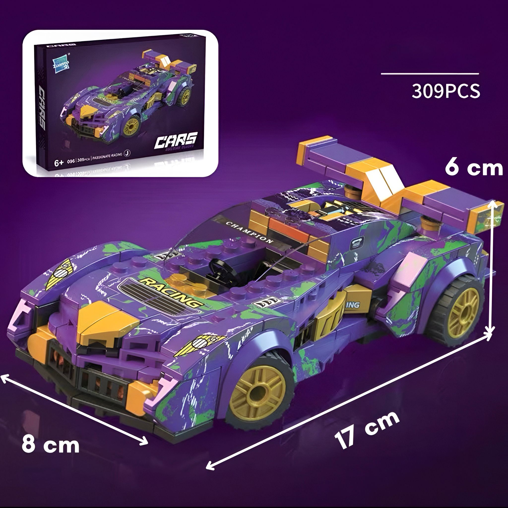 Ljubičasti trkaći auto lego s ljubičasto zelenim kamuflažnim uzorkom i detaljnim naljepnicama na žutim kotačima