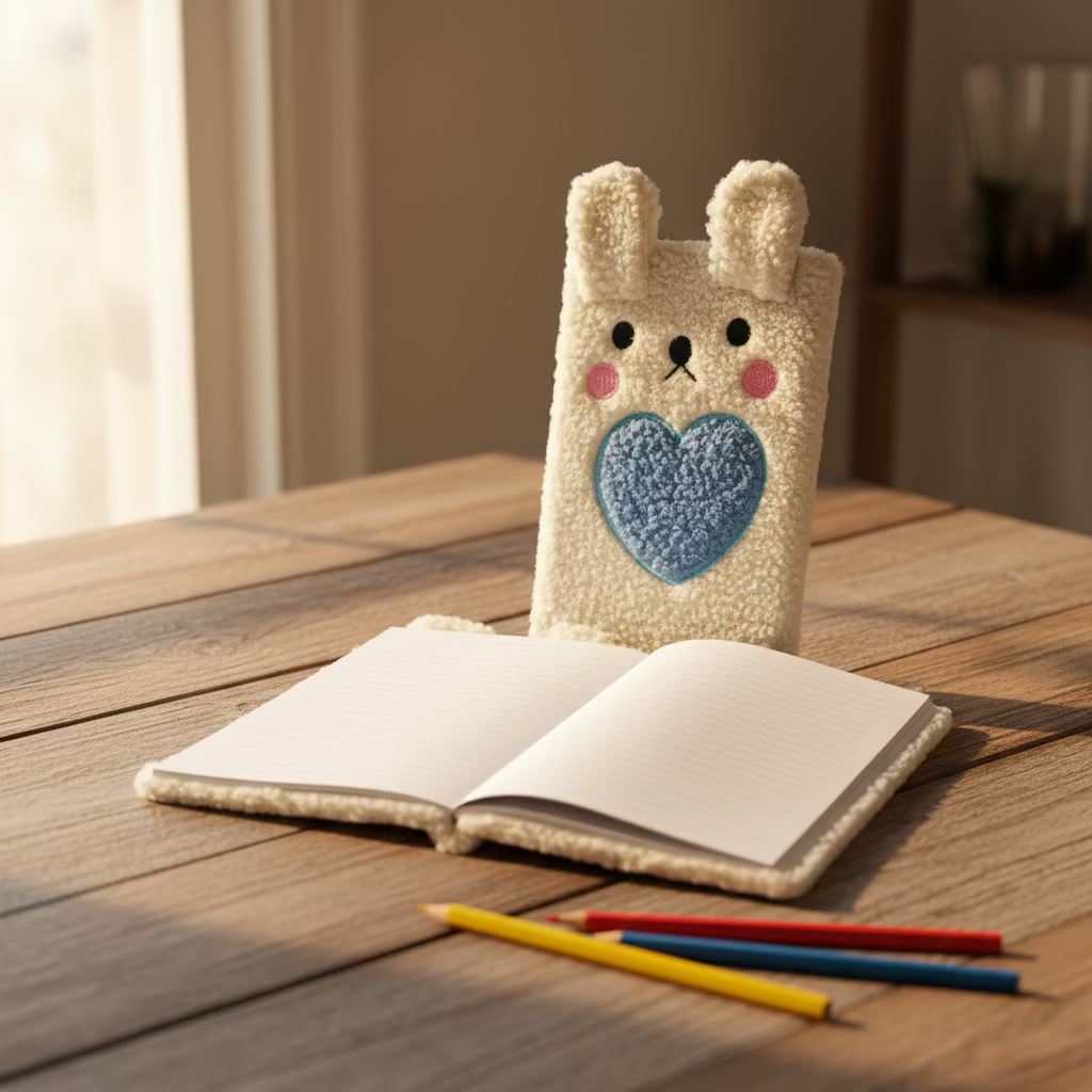 Pluši kunić etui za mobitel s motivom srca, krem i plava, RABBIT ROKOVNIK A5