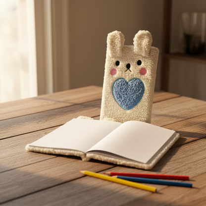 Pluši kunić etui za mobitel s motivom srca, krem i plava, RABBIT ROKOVNIK A5