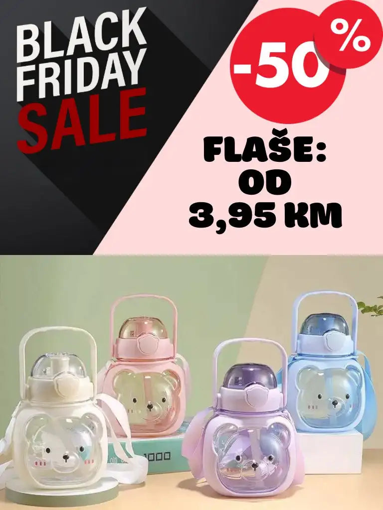 Medvjediću oblikovana bočica za vodu s ručkom, u pastelnim bojama i prozirnim plastičnim tijelom.