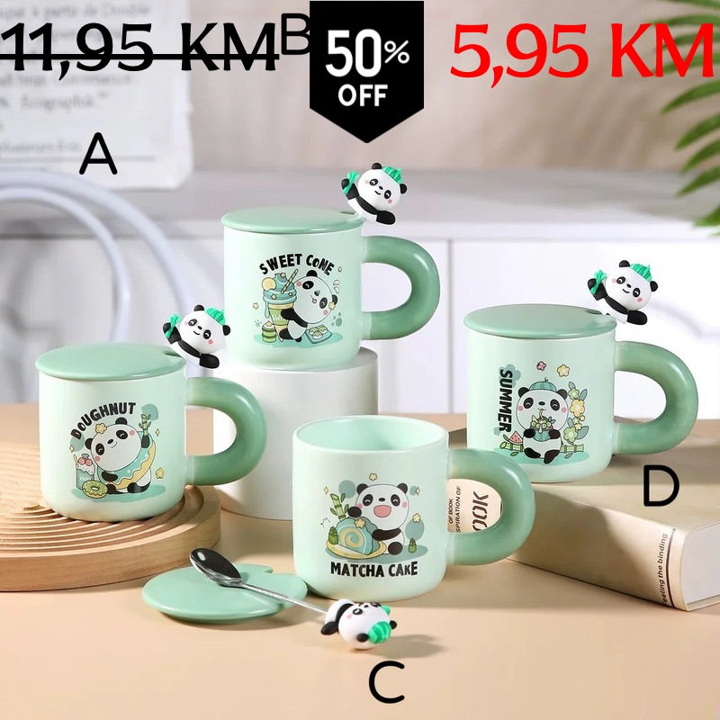 Mint zeleni keramički set šalica s pandama, poklopcem i žlicom