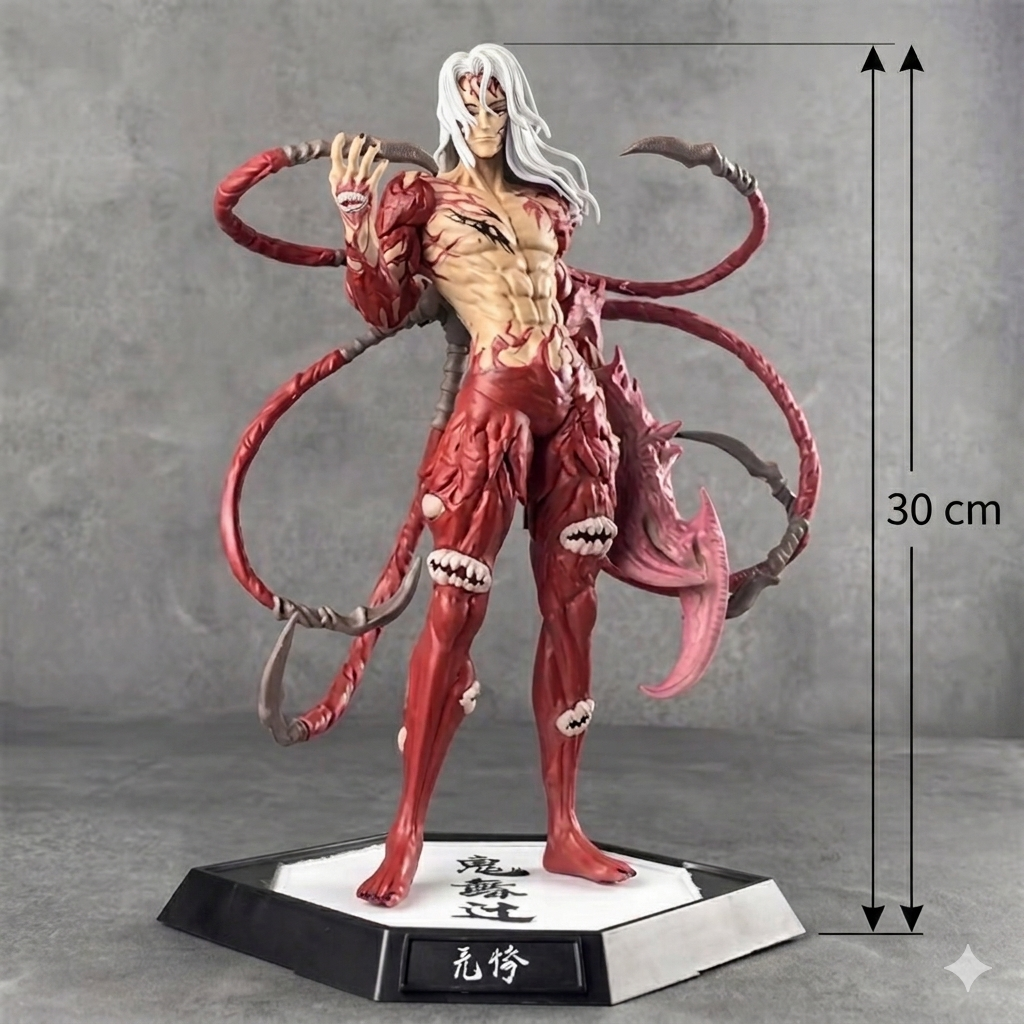 Demon slayer muzan kibutsuji figura visoka 30 cm s bijelom kosom i crvenim bež mišićavim tijelom na heksagonalnoj bazi