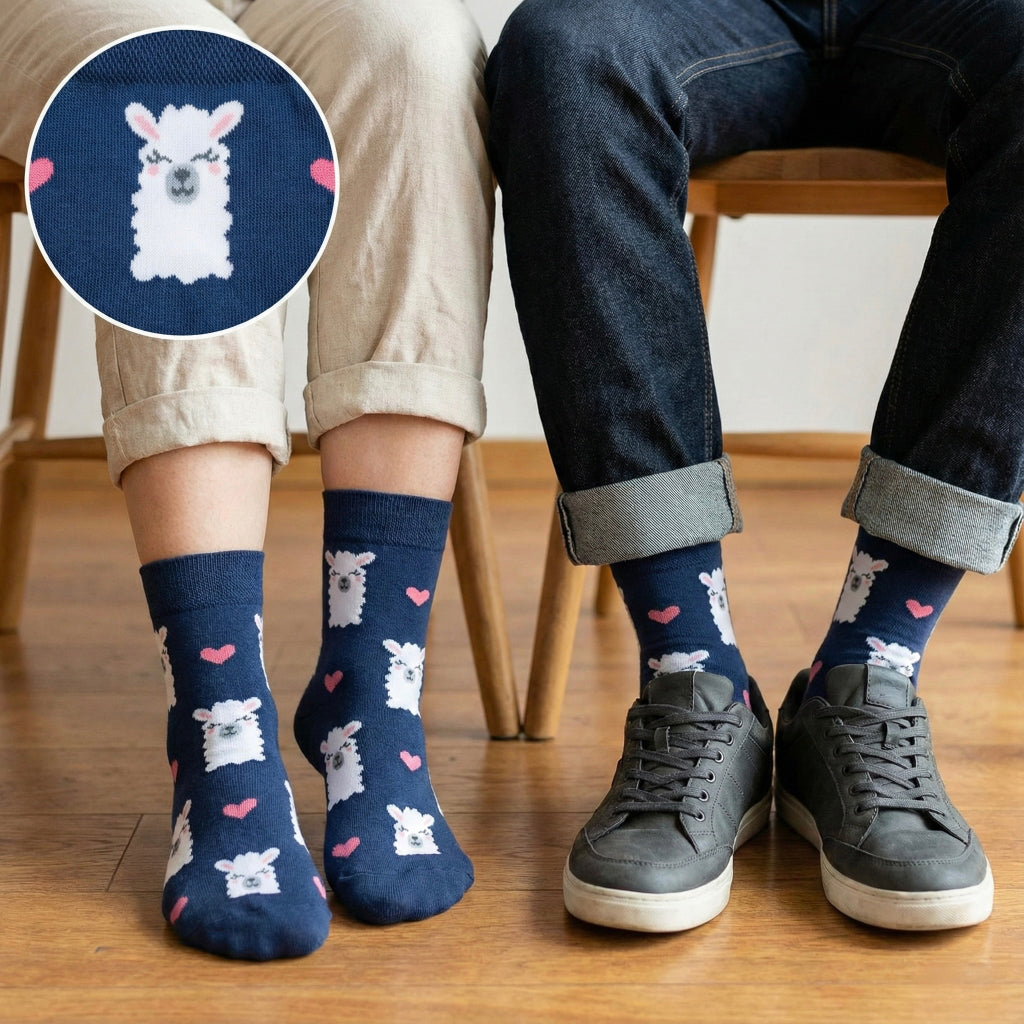 Ljama Čarape: tamno plave čarape s bijelim licima alpaka i ružičastim srcima