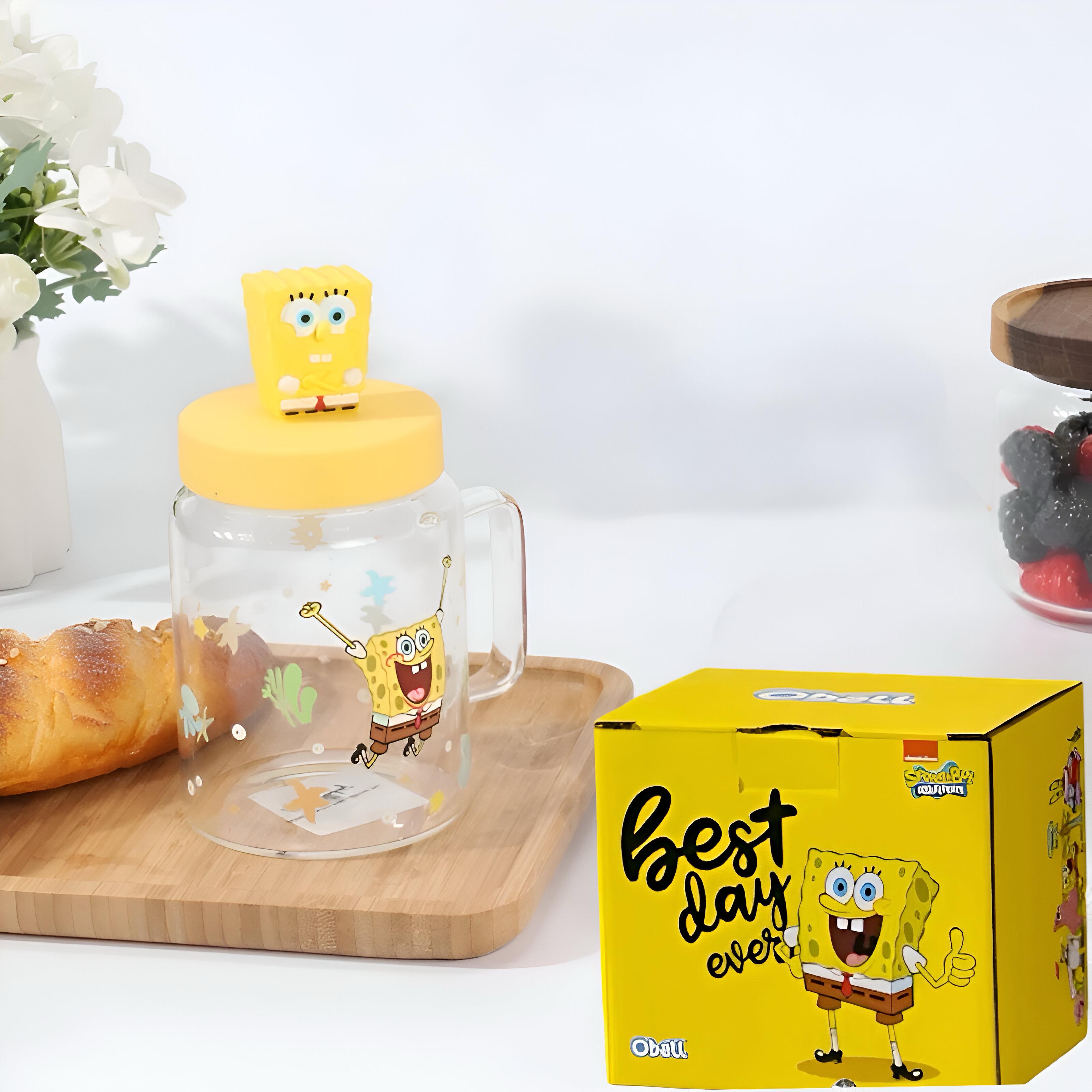 Spongebob-themed glass mug with lid and box for fun drinks and gifts