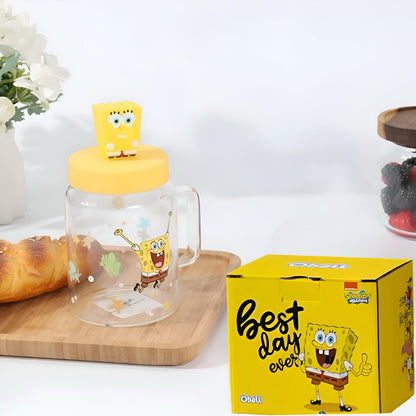 Spongebob-themed glass mug with lid and box for fun drinks and gifts
