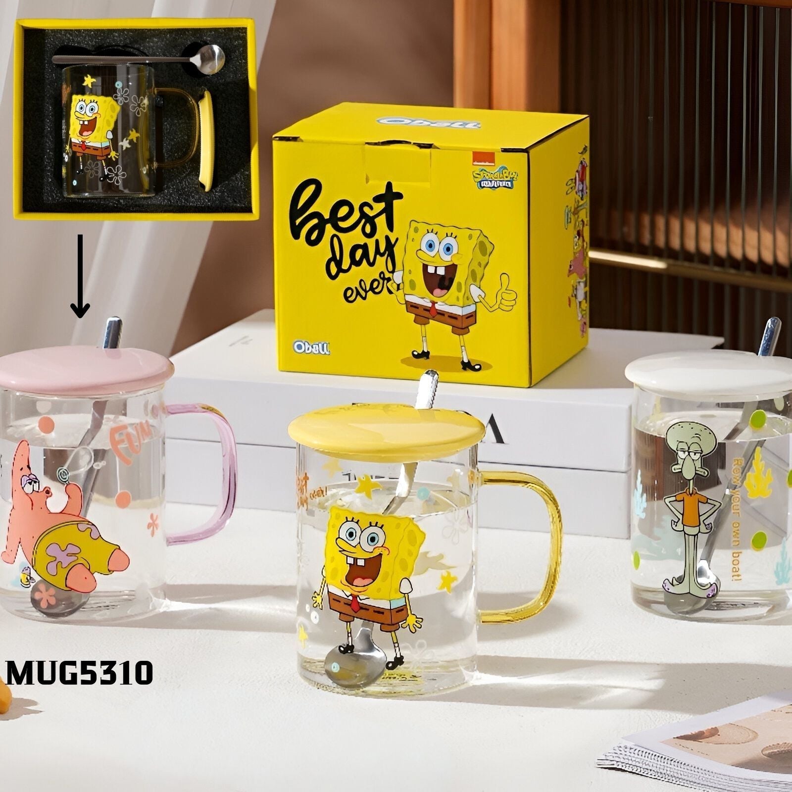 Spongebob-themed stakleni mugovi s poklopcima i žlicama, Patrick Star set
