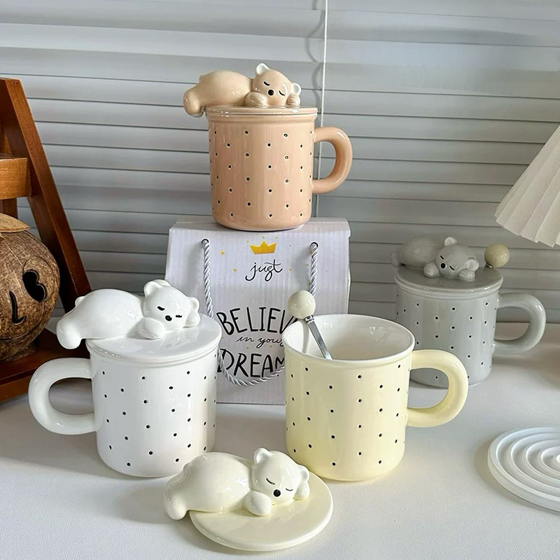 Polka-dotted keramička šolja +poklopac s poklopcem medvjedom za čaj i kavu