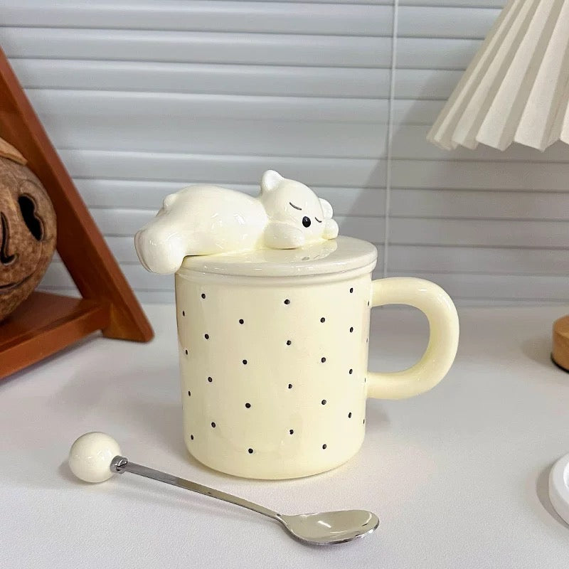 Polka-dotted Medo keramička šolja + poklopac s medvjedom i žlicom