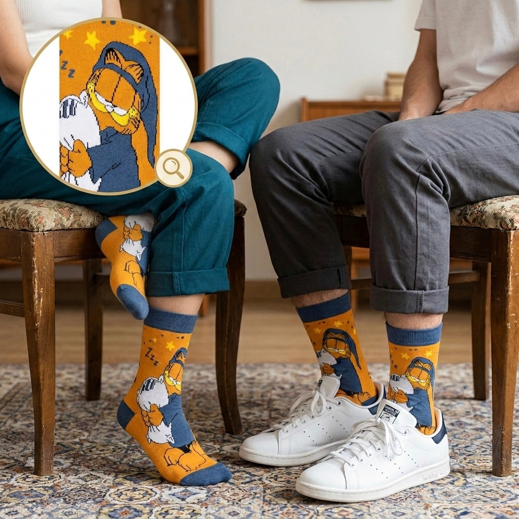 Narančasto-plave Garfield čarape s mačkom u snu i zvijezdama