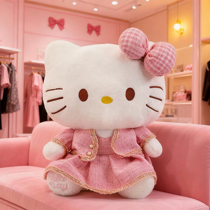 Plush hello kitty jastuk od 65 cm u roza tweed haljini s zlatnim rubom i odgovarajućom mašnom