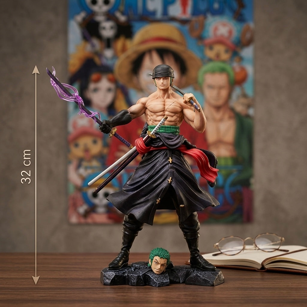 Crna i crvena oklopna figura zoro s ljubičastim mačem stoji 32 cm na kamenoj postavi