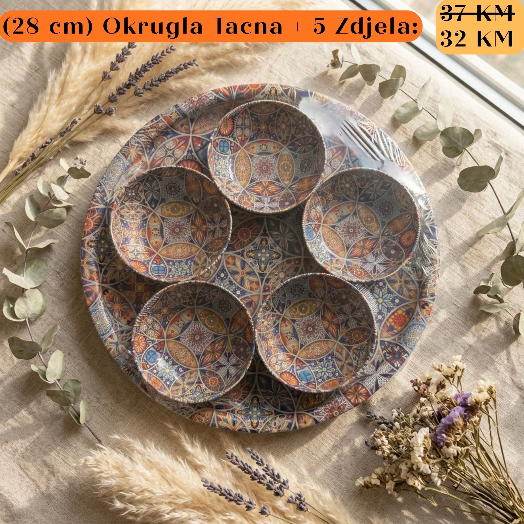 POKLON SET: Okrugla Tacna + 5 Zdjela, 28 cm keramička tanjur s geometrijskim uzorkom