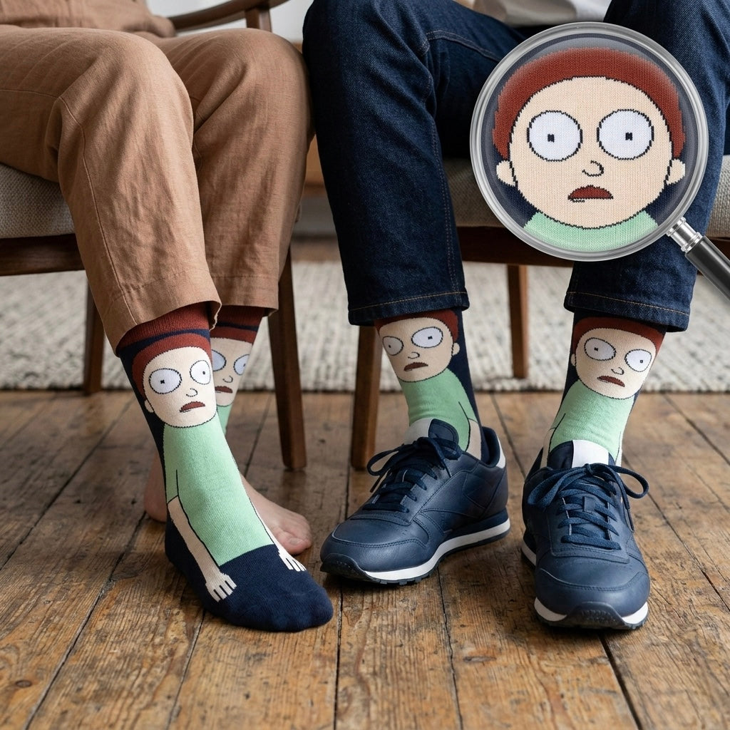 Rick and Morty čarape s crtanim likom smeđe kose i zelenom majicom