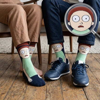 Rick and Morty čarape s crtanim likom smeđe kose i zelenom majicom