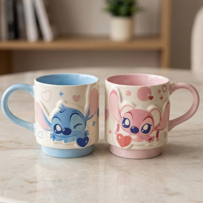 Par keramičkih šalica stitch angel couple set šolja s 3d reljefnim likovima anđela u plavoj i ružičastoj boji