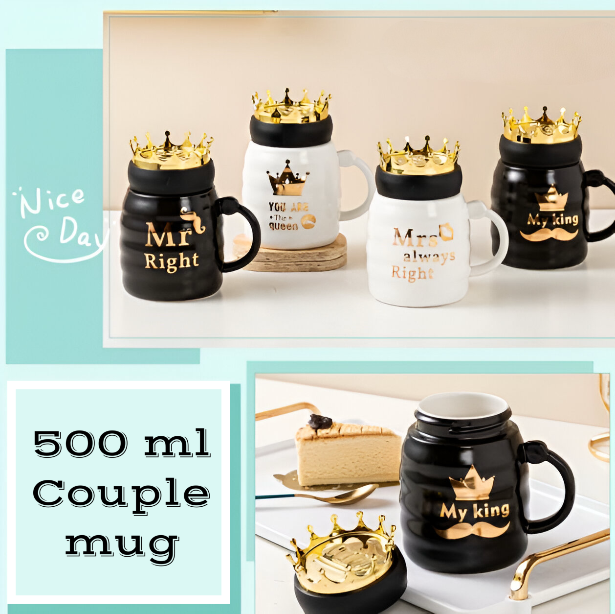 Keramički set čajnik King Queen keramička šolja s poklopcem u obliku krune