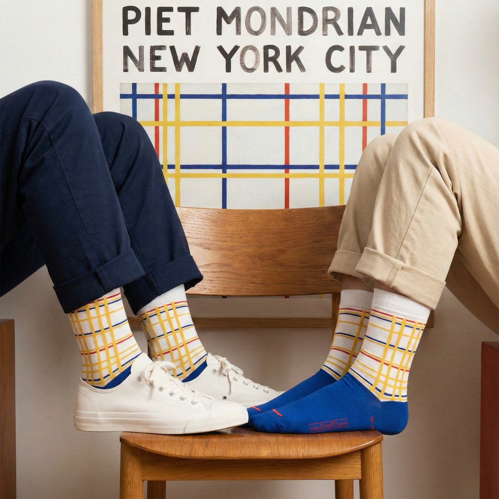Piet Mondrian New York City boje plahtaste čarape s žutim, plavim i bijelim prugama
