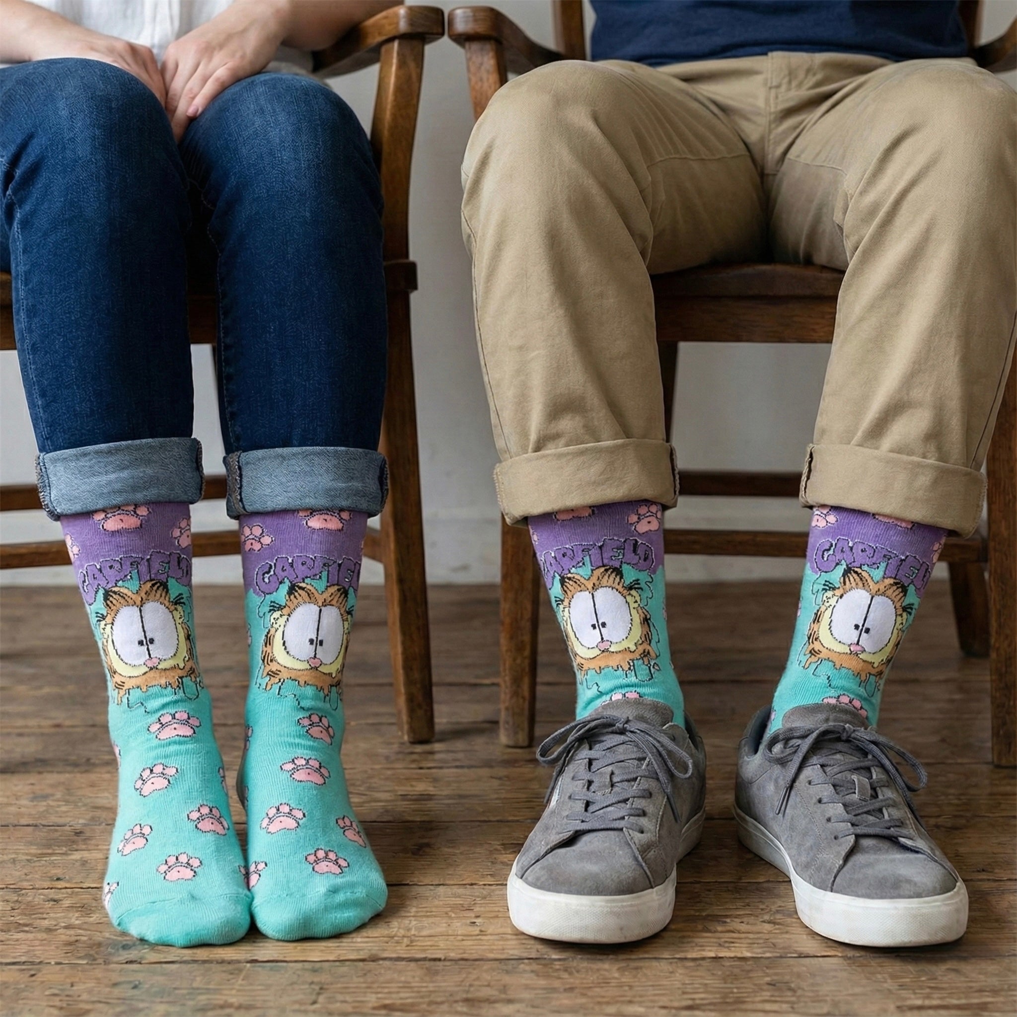 Par boje čarapa Garfield u plavo-zelenoj s plavim šapama i mačjinim licem