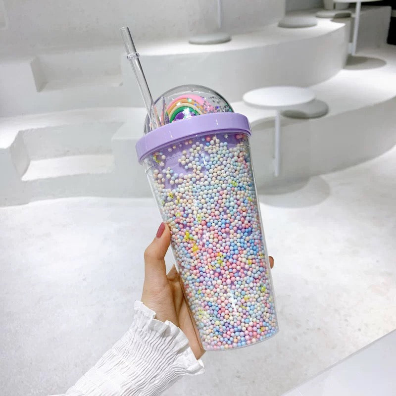 Pastelna candy rainbow flaša s perlicama, slamom i poklopcem, ljubičaste nijanse