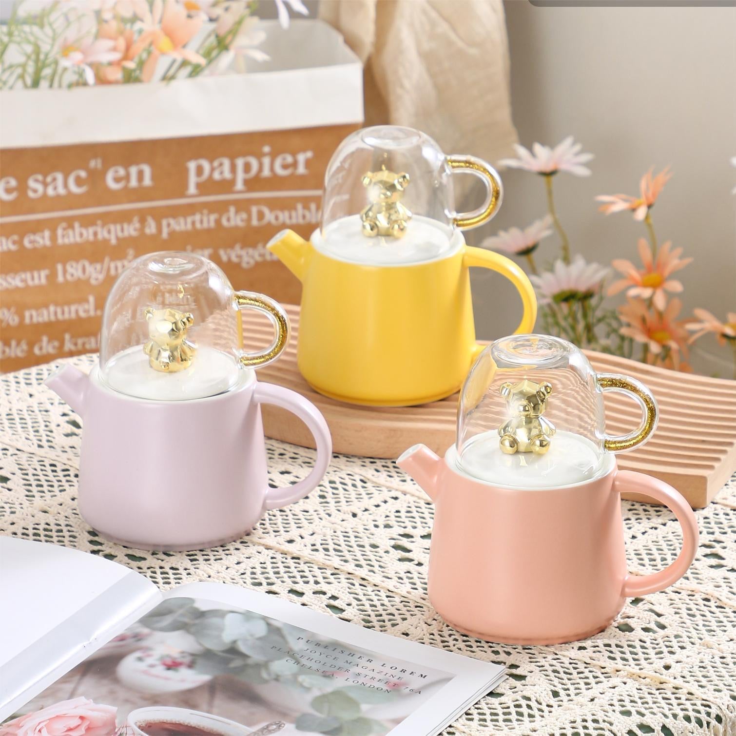 Pastelne čajne posude s staklenim pokrovima u setu MEDO KERAMIČKI CAJNIK