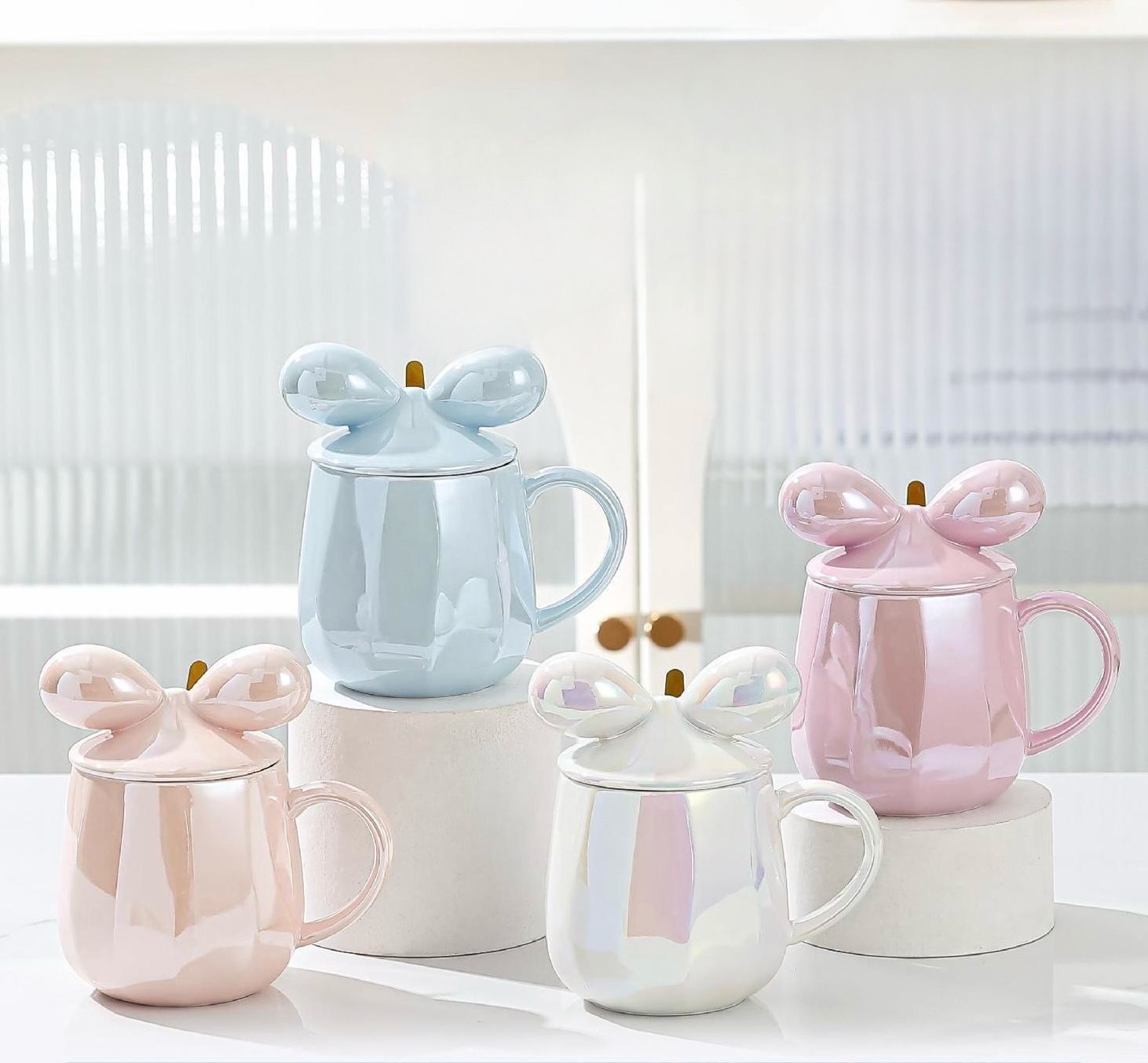 Pastelne keramičke šolje s poklopcem u obliku miša, Bow Knot keramički set