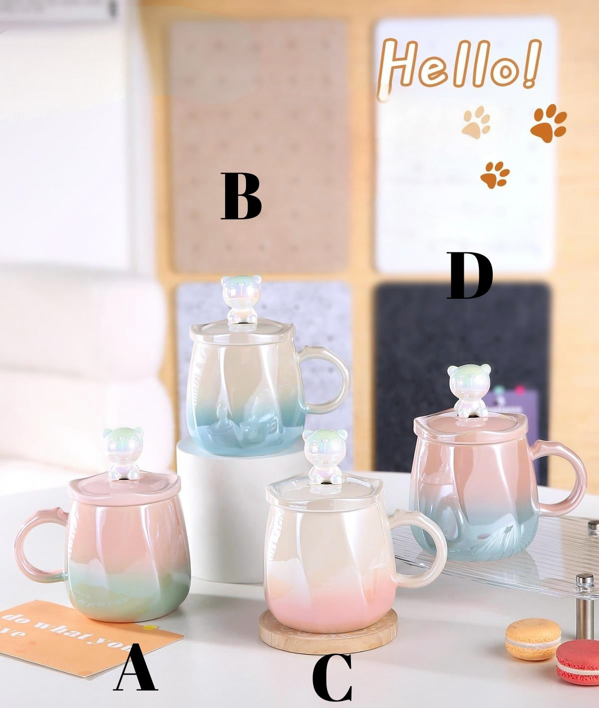 Pastelne keramičke šolje s poklopcima u obliku medvjeda, MAČKA KERAMIČKA ŠOLJA