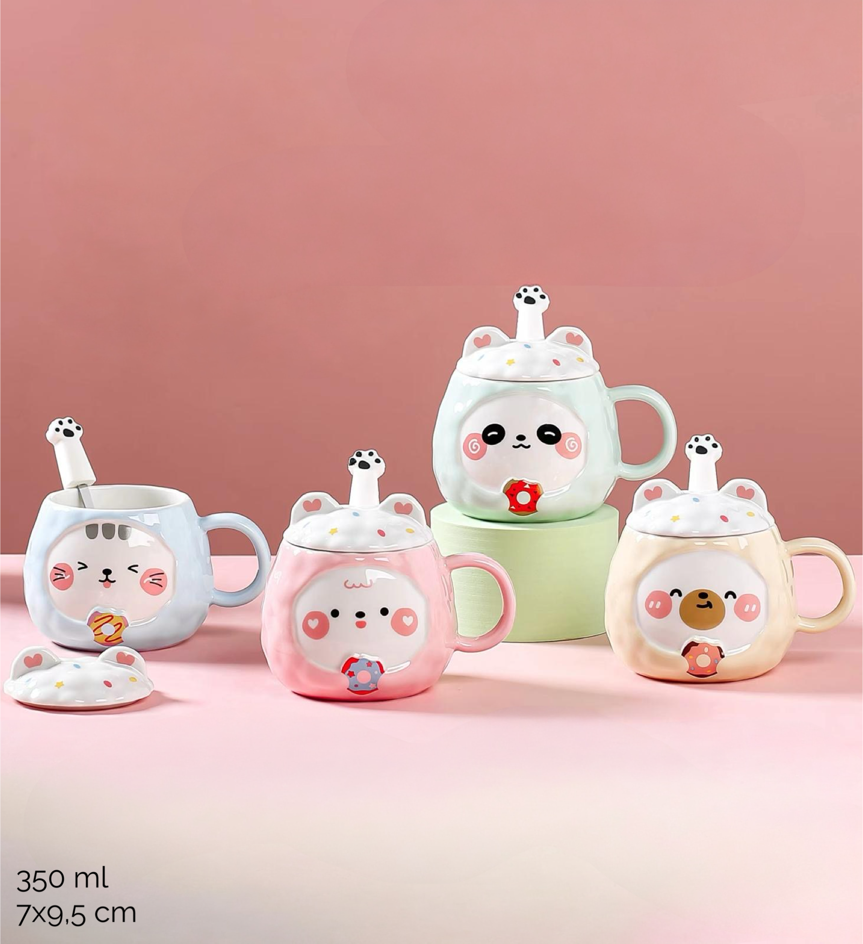 Pastelne keramičke šolje s poklopcem i kašikom, Mačka Panda keramička šolja