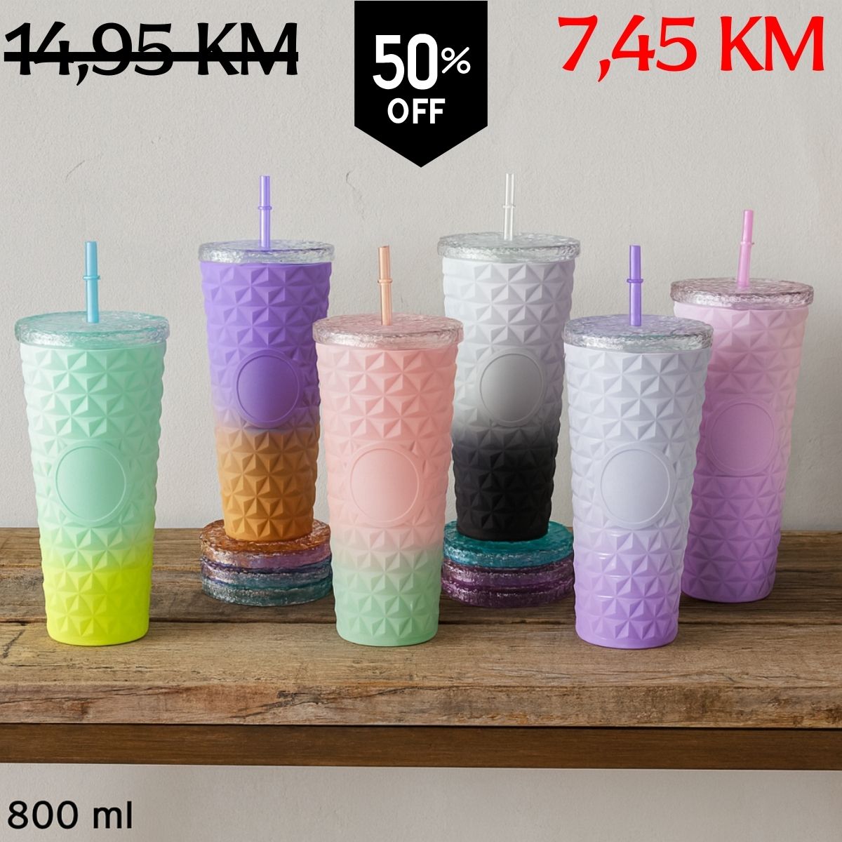 Pastelna gradientna bočica MIX COLOR s geometrijskom teksturom, prozirnim poklopcem i slamkom