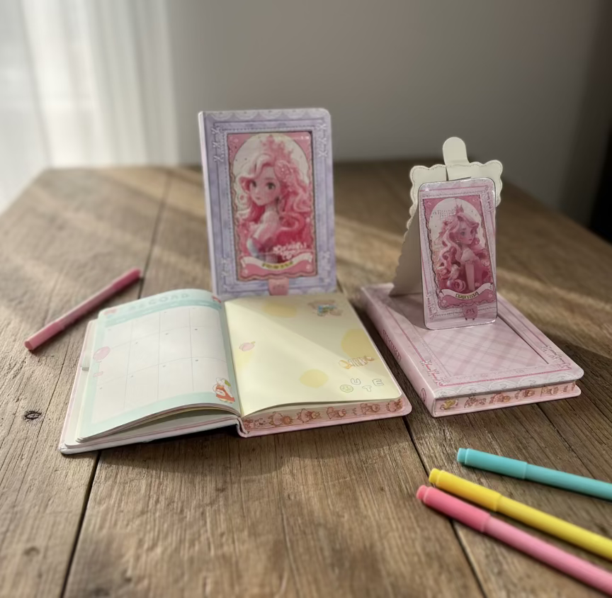 Pastel ružičasti i ljubičasti notes s simpatičnim likom, Princess Planer SA OGLEDALOM A5