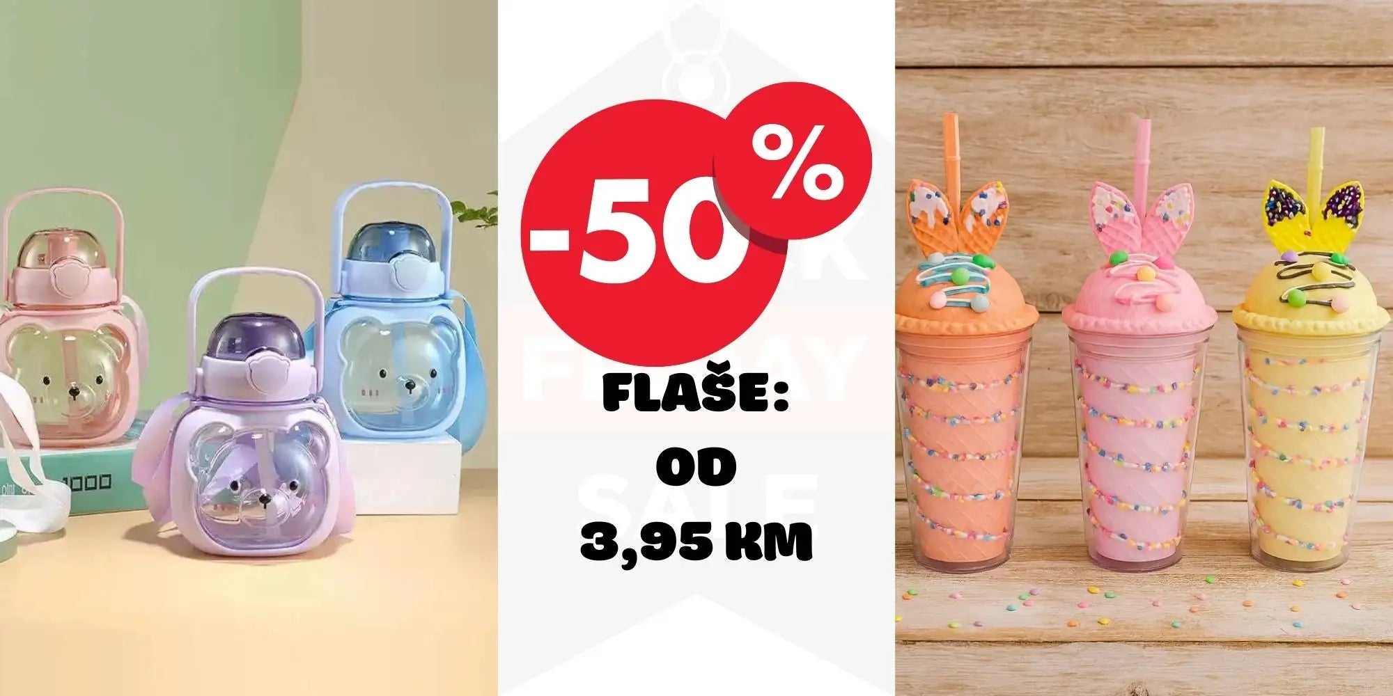 Pastelno obojane boce za vodu s životinjskim licima i poklopcima, izrađene od plastike.